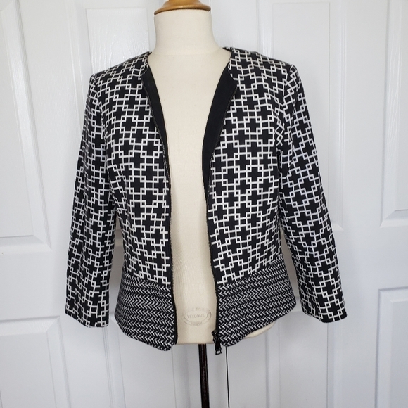 Saks Fifth Avenue Black Label Black White Geometric 2 Way Zip Jacket 4 - Picture 13 of 15